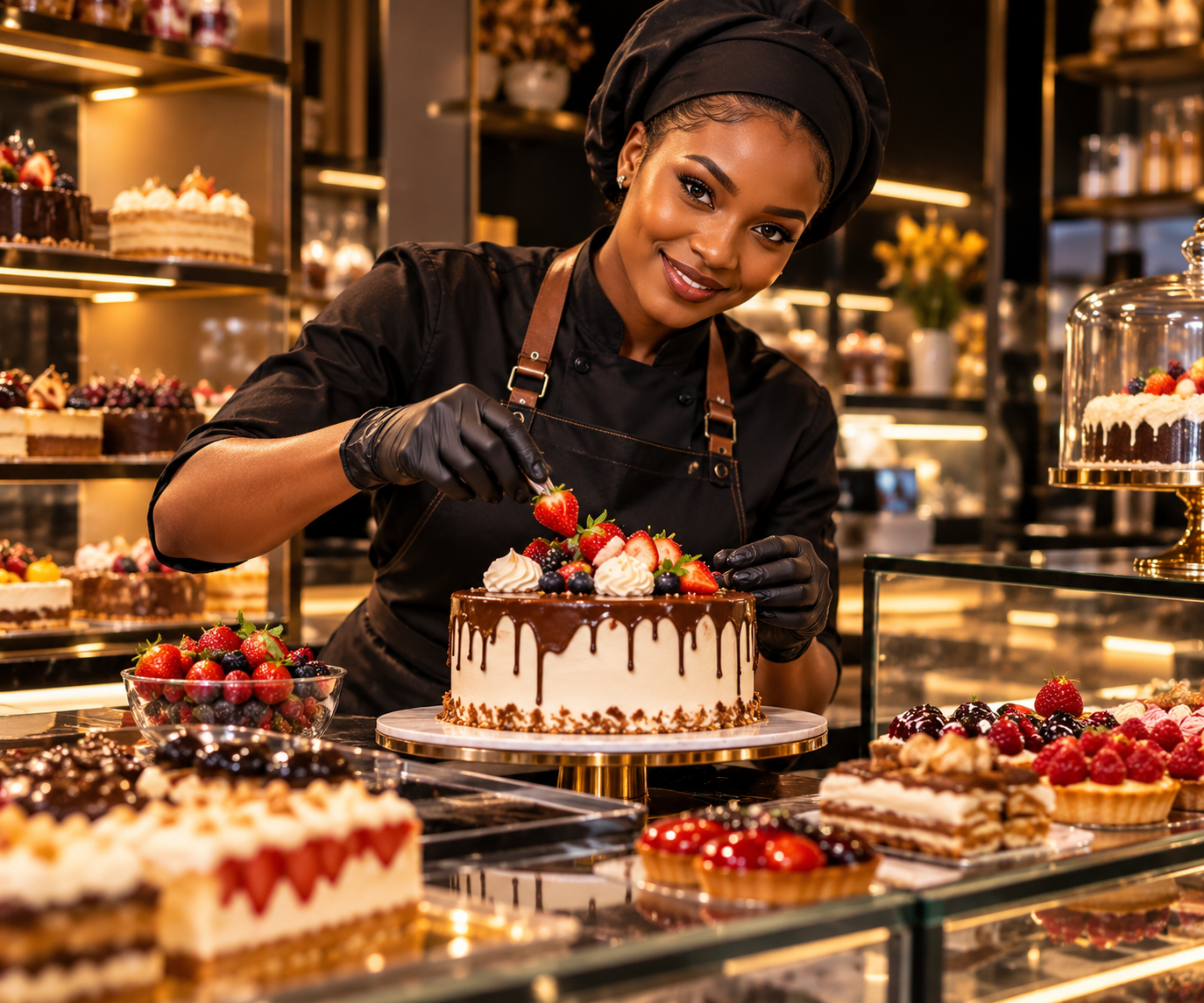 Cheffe pâtissière décorant un gâteau aux fruits