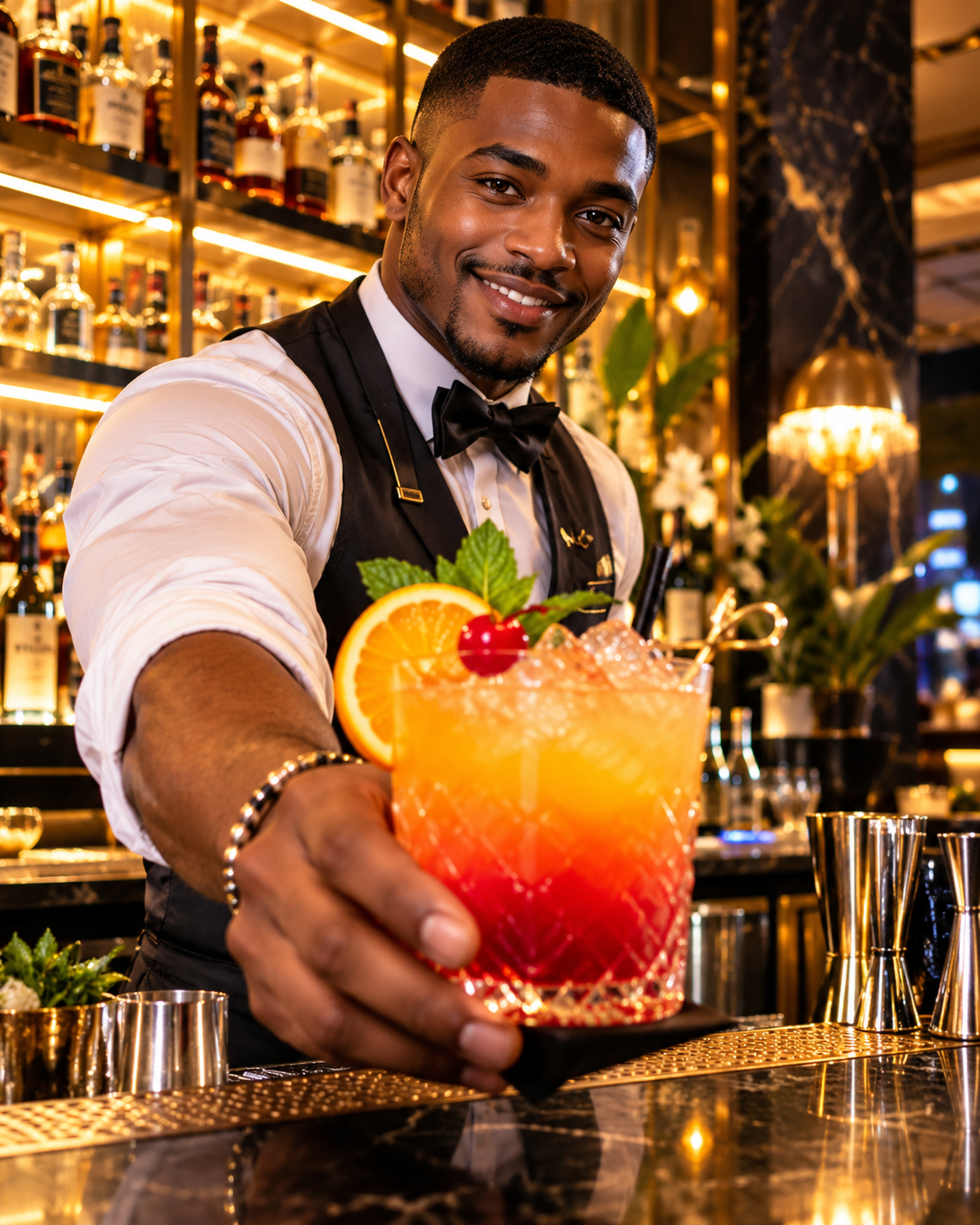 Barman préparant un cocktail flamboyant