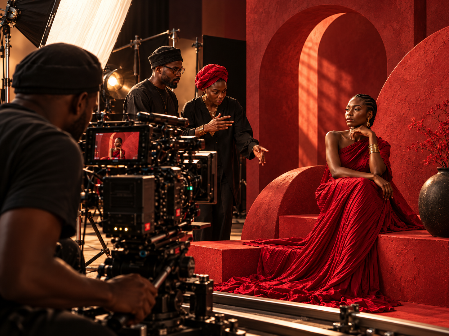 Équipe de tournage publicitaire autour d’un mannequin en robe rouge